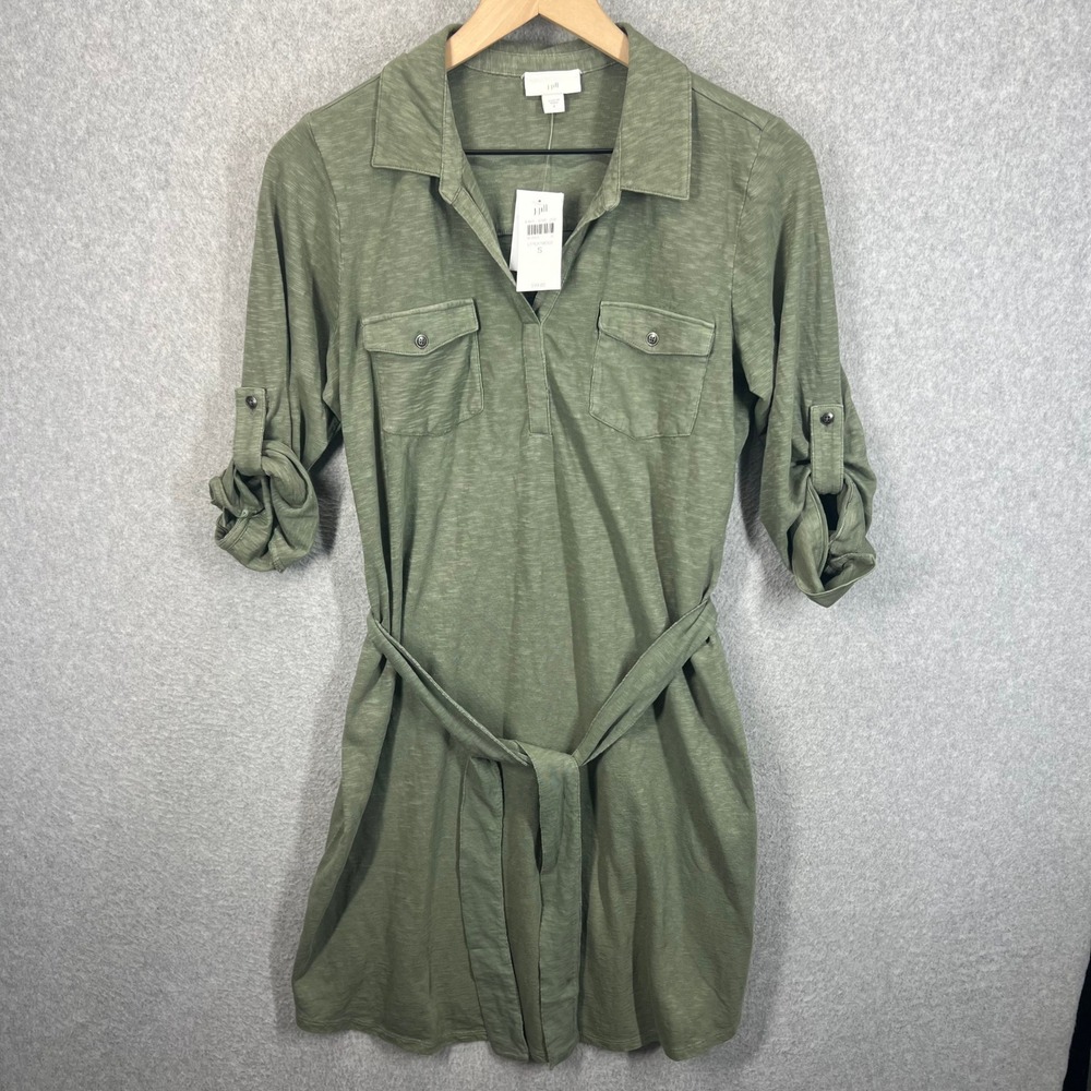 J. Jill Shirt Dress Women S‎ Green Peat Moss Slub Knit Belted Utility Safari NWT